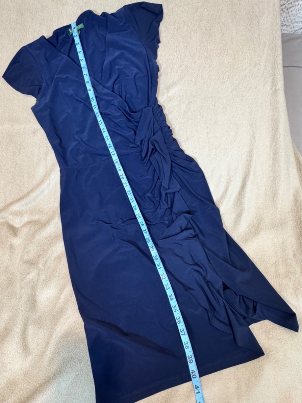 Lauren Ralph Lauren Navy Ruched Ruffle Wrap Dress Size 12 - Picture 12 of 14